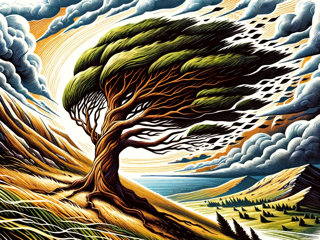 Starker Baum in windiger Landschaft als Symbol für emotionale Stärke